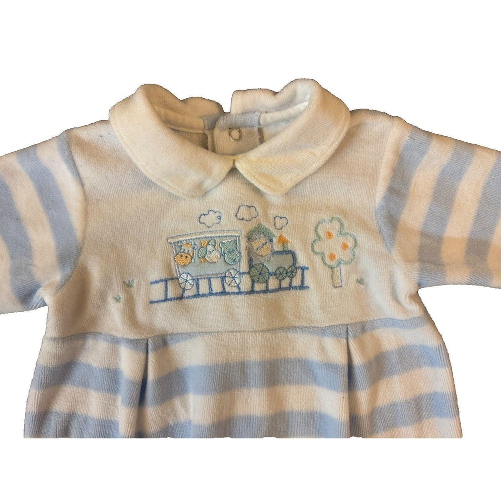Vintage Little Me Baby‎ Boy Romper 3 Months Train Animals Striped Collar Pleats
